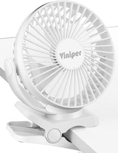 Load image into Gallery viewer, Viniper 6 inch Rechargeable Clip on Fan, 5000mah Battery Desk Fan : 360° Rotation & 3 Speeds Strong Wind Portable Fan, 8-30 Working Hours, Quiet and Powerful (White)