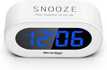 Load image into Gallery viewer, REACHER Small LED Digital Alarm Clock with Snooze, Simple to Operate, Full Range Brightness Dimmer, Adjustable Alarm Volume, Outlet Powered Compact Clock for Bedrooms, Bedside, Desk, Shelf(Blue)…