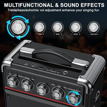 Load image into Gallery viewer, HWWR Karaoke Machine, Portable PA System with 2 Wireless Microphones for Adults Kids, Karaoke Speaker with Microphones & DJ Lights for Home Party Gathering, Echo/Bass/Treble Adjustment, TWS