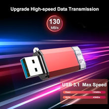 Load image into Gallery viewer, RAOYI 128GB USB C Flash Drive Upgraded 130MB/s, 2 in 1 USB 3.1 Type C Dual OTG Metal Thumb Drive Memory Stick with Keychain Suitable for USB-C Smartphones, PC, Macbooks and Tablets (Red)