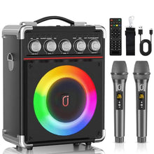 Load image into Gallery viewer, HWWR Karaoke Machine, Portable PA System with 2 Wireless Microphones for Adults Kids, Karaoke Speaker with Microphones & DJ Lights for Home Party Gathering, Echo/Bass/Treble Adjustment, TWS