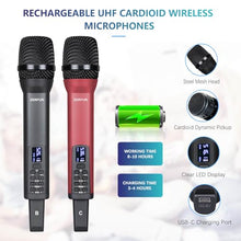 Load image into Gallery viewer, ZERFUN Rechargeable Wireless Microphone System 4 Channel Pro, UHF Handheld Cordless Mics with VOL Echo Treble BASS Control, LCD Display, Frequency Lock, XLR, 1/4, 1/8 Output, D-300, Grey&Red