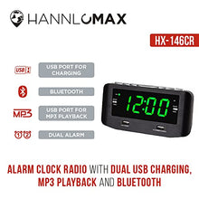 Load image into Gallery viewer, HANNLOMAX HX-146CR Alarm Clock Radio, PLL FM Radio, Dual Alarm, 1.2" Green LED Display, Bluetooth, 1 USB Port for 2.4A Charging and 1 USB Port 1A Charging/MP3 Playback (Black)