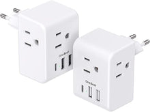 Load image into Gallery viewer, 2 Pack European Travel Plug Adapter, International Power Plug Adapter with 3 Outlets 3 USB Charging Ports(1 USB C), Type C Plug Adapter Travel Essentials to Most Europe EU Spain Italy France Germany