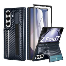 Load image into Gallery viewer, MSOTES for Galaxy Z Fold 7 Wallet Case with Screen Protector, Built-in Kickstand & Hinge Protection, 3 RFID Blocking Card Slots Carbon Fiber Texture Leather Case for Samsung Galaxy Z Fold7 (Black)