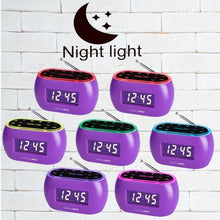 Load image into Gallery viewer, HANNLOMAX HX-161CR Portable PLL FM Radio Alarm Clock, LCD Display with Dimmer Function, 7 Colors RGB Night Light, USB Port for 1A Charging, Telescopic Antenna, AC/DC Operation only. (Purple)