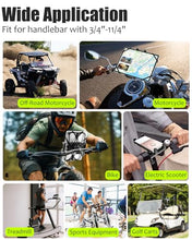 Load image into Gallery viewer, Wukanleng Motorcycle Phone Tablet Mount for 3/4"-11/4" Handlebar, Dual Protection Bike Tablet Holder Fits 4-11" Devices, Bicycle Scooter Handlebar Clamp for iPad Pro/Air/Mini, Galaxy Tab Z Fold