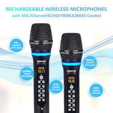 Load image into Gallery viewer, ZERFUN Pro Rechargeable Wireless Microphone System 4 Channel, UHF Metal Handheld Wireless Microphones Cordless Mics with Echo Treble BASS VOL Channel Control for Karaoke Singing Church(GT-200)
