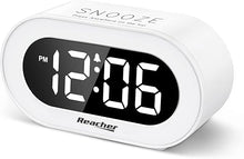 Load image into Gallery viewer, REACHER Small LED Digital Alarm Clock with Snooze, Simple to Operate, Full Range Brightness Dimmer, Adjustable Alarm Volume, Outlet Powered Compact Clock for Bedrooms, Bedside, Desk, Shelf(White)
