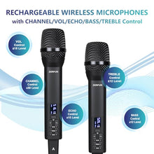 Load image into Gallery viewer, ZERFUN Rechargeable Wireless Microphone System 4 Channel Pro, UHF Handheld Cordless Mics with VOL Echo Treble BASS Control, LCD Display, Frequency Lock, XLR, 1/4, 1/8 Output, D-300, Black