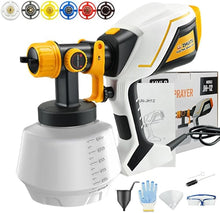 Load image into Gallery viewer, Paint Sprayer 1000W HVLP Electric Spray Paint Gun with 6 Copper Nozzles and 3 Spray Patterns 1200ML High Capacity Container for Furniture, Fences, Walls, Garage Doors (Yellow)