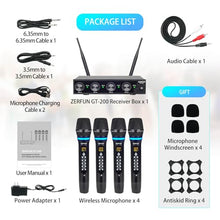 Load image into Gallery viewer, ZERFUN Pro Rechargeable Wireless Microphone System 4 Channel, UHF Metal Handheld Wireless Microphones Cordless Mics with Echo Treble BASS VOL Channel Control for Karaoke Singing Church(GT-200)