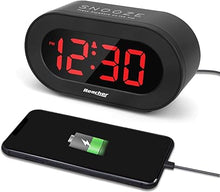 Load image into Gallery viewer, REACHER Small LED Digital Alarm Clock with Simple Operation, Full Range Brightness Dimmer, USB Phone Charger Port, Easy Snooze, Adjustable Alarm Volume, Outlet Powered for Bedrooms Bedside(Black)