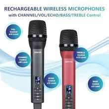 Load image into Gallery viewer, ZERFUN Rechargeable Wireless Microphone System 4 Channel Pro, UHF Handheld Cordless Mics with VOL Echo Treble BASS Control, LCD Display, Frequency Lock, XLR, 1/4, 1/8 Output, D-300, Grey&Red