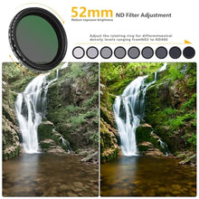 Load image into Gallery viewer, 52MM Variable ND2-ND400 Filter, Ultra Slim Multi-Coated Adjustable Neutral Density Filter, Clip-on Phone Lens ND Filter Kit, Compatible for iPhone 15 14 13 12 11, Google Pixel and Other Smart Phones_3143