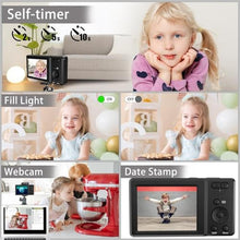 Load image into Gallery viewer, 56MP FHD Digital Camera with 20X Digital Zoom & Autofocus, Anti-Shake Point and Shoot Camera for Kids Adults Beginners, Includes 32GB SD Card, Portable Compact for Travel, Black_2312