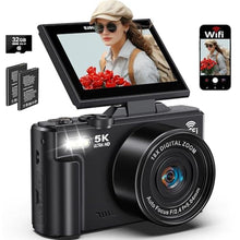 Load image into Gallery viewer, 5K Digital Camera for Photography, 75MP WiFi Vlogging Camera for YouTube, 18X Zoom UHD Autofocus, 3" 180 Flip Screen, Video Camera with 32GB SD Card & 2 Batteries, Black_1