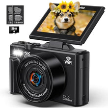 Load image into Gallery viewer, 5K Digital Camera, WiFi Cameras for Photography 75MP UHD Vlogging Cameras for YouTube Autofocus Video Camera with 3" 180 Flip Screen, Compact Travel Camara with 18X Zoom, 32GB SD Card, 2 Batteries, BlackNew_1