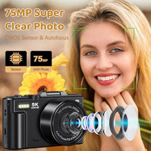 Load image into Gallery viewer, 5K Digital Camera, WiFi Cameras for Photography 75MP UHD Vlogging Cameras for YouTube Autofocus Video Camera with 3" 180 Flip Screen, Compact Travel Camara with 18X Zoom, 32GB SD Card, 2 Batteries, BlackNew_471
