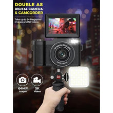 Load image into Gallery viewer, 5K Digital Camera with WiFi 64MP Autofocus Full HD Vlogging Camera for YouTube Point and Shoot Camera with Flip Screen Photography Cameras for Beginners with Selfie Light, Mini Tripod, Batteries, Black_728
