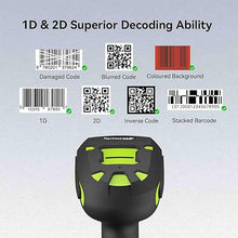 Load image into Gallery viewer, Alacrity Upgraded 2D Industrial Barcode Scanner with Wireless Charging Stand, 1968 Feet Transmission Distance 433Mhz Wireless & Bluetooth 2in1 Barcode Reader, Shock Dust Proof Hands Free, Green