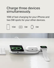 Load image into Gallery viewer, Belkin 3-in-1 MagSafe-Compatible Wireless Charging Pad with Qi2 15W - iPhone Charger - Fast Charging Wireless Charging Station for iPhone 16, 15, & 14 Series, AirPods, Apple Watch, & More - White