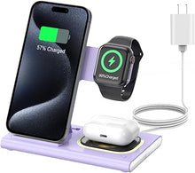 Load image into Gallery viewer, 3 in 1 Foldable Charging Station for Apple Products,Fast Wireless Charger Travel Dock Adapter&Light for iPhone 16/15/14/13/12/11/X/XS,for iWatch 10/9/8/7/Ultra2/Ultra,for AirPods 4/3/2/Pro/2(Purple)