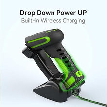 Load image into Gallery viewer, Alacrity Upgraded 2D Industrial Barcode Scanner with Wireless Charging Stand, 1968 Feet Transmission Distance 433Mhz Wireless & Bluetooth 2in1 Barcode Reader, Shock Dust Proof Hands Free, Green