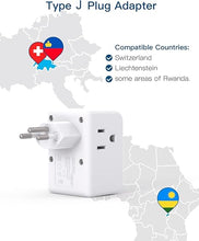 Load image into Gallery viewer, 2 Pack Switzerland Travel Plug Adapter, Swiss Outlet Adapter with 3 Outlets 3 USB Charging Ports(1 USB C), Type J Power Adapter, Travel Essentials US to Switzerland, Rwanda, Liechtenstein