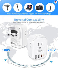 Load image into Gallery viewer, LENCENT US to UK Ireland Travel Plug Adapter, Grounded Type G Outlet Adaptor with 4 USB Charger(2 USB C), 4 Outlets Converter for USA to Dubai Scotland British London England Hong Kong Irish Qatar