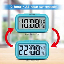 Load image into Gallery viewer, Peakeep Night Light Digital Alarm Clock Battery Operated with Indoor Temperature, Desk Small Clock (Blue)