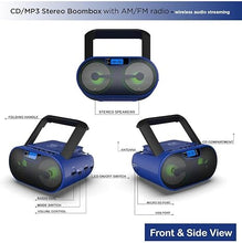 Load image into Gallery viewer, Riptunes Portable CD Player Boombox AM FM Radio, Bluetooth, USB, Aux-Input, MP3 CD Stereo Sound with Bass Boost, Party Lights, Headphone Jack, Backlit LCD Display, with Remote, Blue