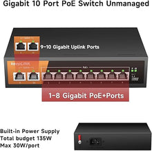 Load image into Gallery viewer, 8 Port Gigabit PoE Switch with 2 Gigabit Uplink, 135W Built-in Power Supply, 802.3AF/AT Compliant, Desktop or Wall Mount, Ethernet Network Switch Unmanaged