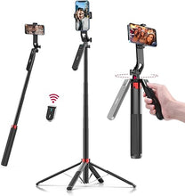 Load image into Gallery viewer, ULANZI MA09 Extendable Phone Tripod, 71" Selfie Stick Phone Vlog Tripod Stand Quadrapod with All in 1 Phone Clip, Travel Tripod Phone Holder w Rechargeable Remote for iPhone Sony Canon Action Camera