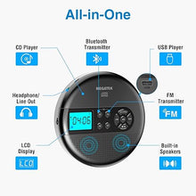 Load image into Gallery viewer, MEGATEK Portable CD Player with Dual Stereo Speakers and 60 Seconds Anti Skip, Personal Walkman CD Player for Car with Headphones, USB Port, Bluetooth and FM Transmitter, 2000mAh Rechargeable Battery
