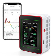 Load image into Gallery viewer, 15-in-1 Air Quality Monitor Indoor CO/CO2/HCHO/TVOC/AQI/PM0.3/PM1.0/PM2.5/PM10/Thermometer/Humidity Monitor/Date and Time/Alarm Clock/Timer/Mobile APP, WiFi, Alerts & Notifications (White Red)