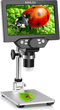 Load image into Gallery viewer, 7" LCD Digital Microscope ANNLOV 1200X Maginfication 1080P Coin Microscope with Metal Stand,12MP Ultra-Precise Focusing Video Camera for Kids Adults,8 LED Fill Lights Windows/Mac Compatible