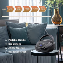 Load image into Gallery viewer, LONPOO CD Player Portable Boombox with FM Radio/USB/Bluetooth/AUX Input and Earphone Jack Output, Stereo Sound Speaker & Audio Player,Black