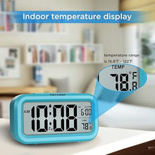 Load image into Gallery viewer, Peakeep Night Light Digital Alarm Clock Battery Operated with Indoor Temperature, Desk Small Clock (Blue)
