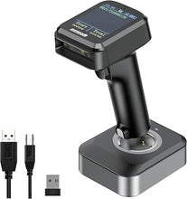 Load image into Gallery viewer, Symcode Pro 1D 2D QR Wireless Barcode Scanner with Display Screen Battery Level Indicator Time Display Works with Bluetooth with Charging Cradle Base for Warehouse Supermarket Library