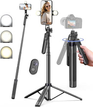 Load image into Gallery viewer, 71" Phone Tripod,Tripod for iPhone with Fill Light and Rechargeable Remote,Aluminum Selfie Stick Phone Stand Compatible with Cell Phone/Camera/Ring Light/DJI/GoPro