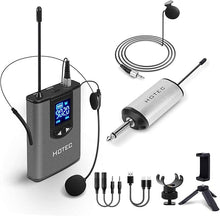 Load image into Gallery viewer, HOTEC UHF Wireless Headset Microphone/Lavalier Lapel Mic with Bodypack Transmitter and Mini Rechargeable Receiver 1/4" Output for Vlogging or Speech