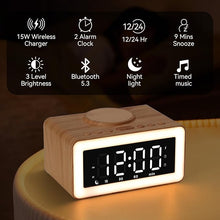 Load image into Gallery viewer, Bluetooth Alarm Clocks with Wireless Charging, 0-100% Dimmer LED Night Light, 2 Alarm Settings, 12/24H, 9 Mins Snooze, Wooden Digital Alarm Clock for Bedrooms, Office, Travel (Wood Grain)