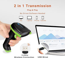 Load image into Gallery viewer, Tera Barcode Scanner Wireless Versatile 2-in-1 (2.4Ghz Wireless+USB 2.0 Wired) with Battery Level Indicator 328 Feet Transmission Distance Rechargeable 1D Laser Bar Code Reader USB Handheld (Green)