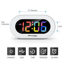 Load image into Gallery viewer, REACHER Kids Alarm Clock with USB Charger, Dimmable Rainbow LED Digital Display, Simple Basic Operation, Adjustable Volume, Small Plug in Clock for Bedroom, Bedside, Girls, Boys, Adults