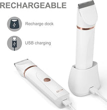 Load image into Gallery viewer, OLOV Electric Body Hair Trimmer - Groin Trimmer for Men - Bikini Trimmer Women - Wet/Dry Shaver Groomer, Replaceable Ceramic Blade Heads, USB Recharge Dock, Waterproof Hygiene Razor, White