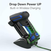 Load image into Gallery viewer, Alacrity Upgraded 2D Industrial Barcode Scanner with Wireless Charging Stand, 1968 Feet Transmission Distance 433Mhz Wireless & Bluetooth 2in1 Barcode Reader, Shock Dust Proof Hands Free, Blue