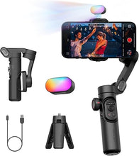 Load image into Gallery viewer, 3-Axis Gimbal Stabilizer for Smartphone, Gimbal w/RGB Magnetic Fill Light Upgraded Face Tracking Focus Wheel Foldable iPhone Gimbal for iPhone/Android Phone Gimbal Vlog Recording Smart XE Kit