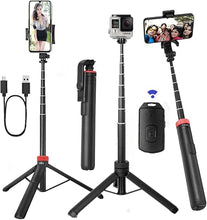 Load image into Gallery viewer, 66" Tripod for iPhone & Camera, Portable Phone Tripod with Rechargeable Remote Control and Rotate Phone Holder, Selfie Stick for iPhone/Gopro and Cameras(Red 66 inch)