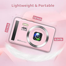 Load image into Gallery viewer, Digital Camera - 4K 64MP Digital Camera with 16X Digital Zoom for Photography - UHD Vlogging Camera for Kids and Teens - Compact Point and Shoot Digital Cameras with 32GB SD Card (Pink)